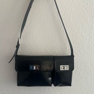 BY FAR Black Patent Double Pocket Shoulder Bag